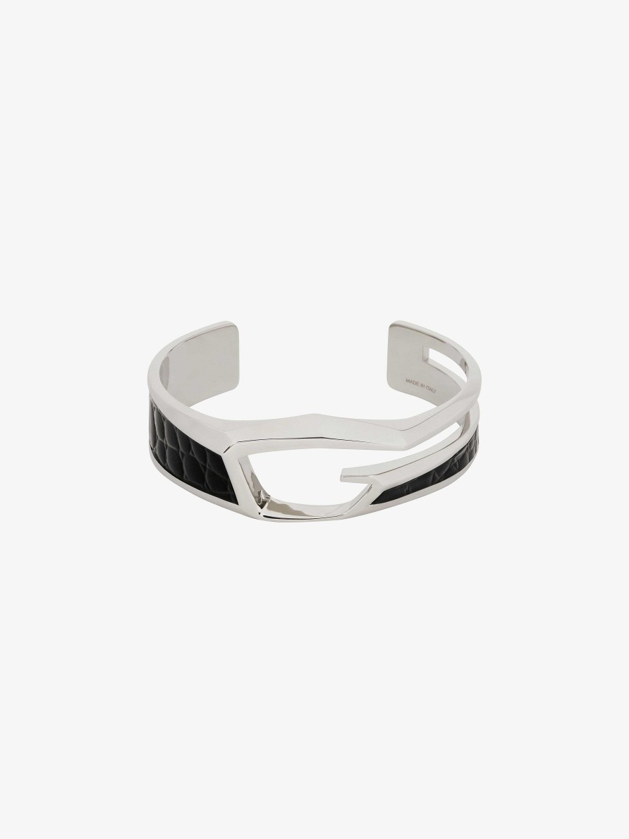 Men Givenchy Jewelry | Giv Cut Bracelet In Metal And Leather Black/Silvery