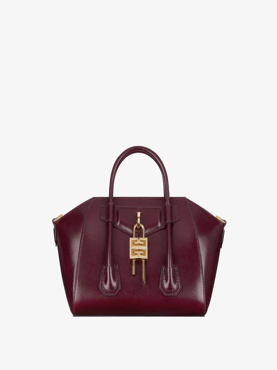 Women Givenchy Mini & Micro Bags | Mini Antigona Lock Bag In Box Leather Oxblood Red