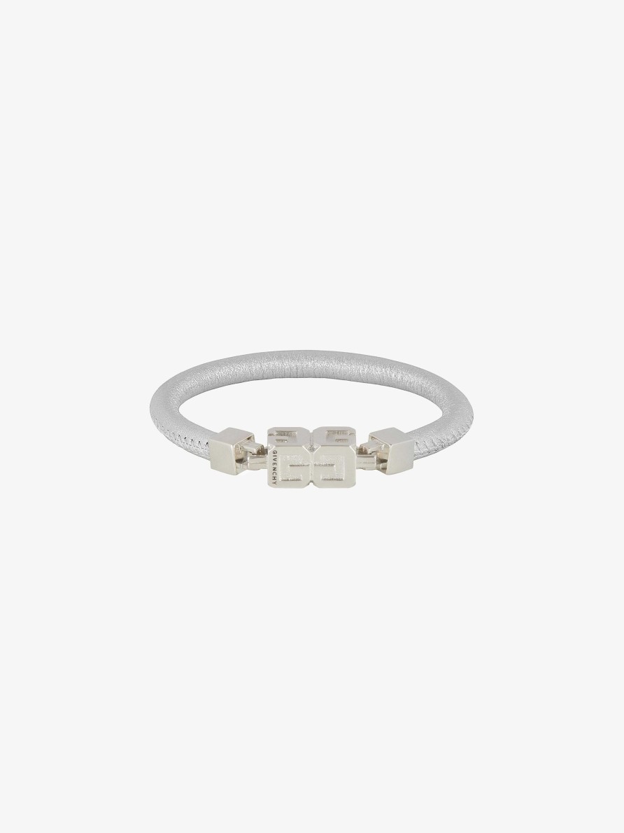 Women Givenchy Jewelry | G Cube Bracelet In Leather And Metal Silvery