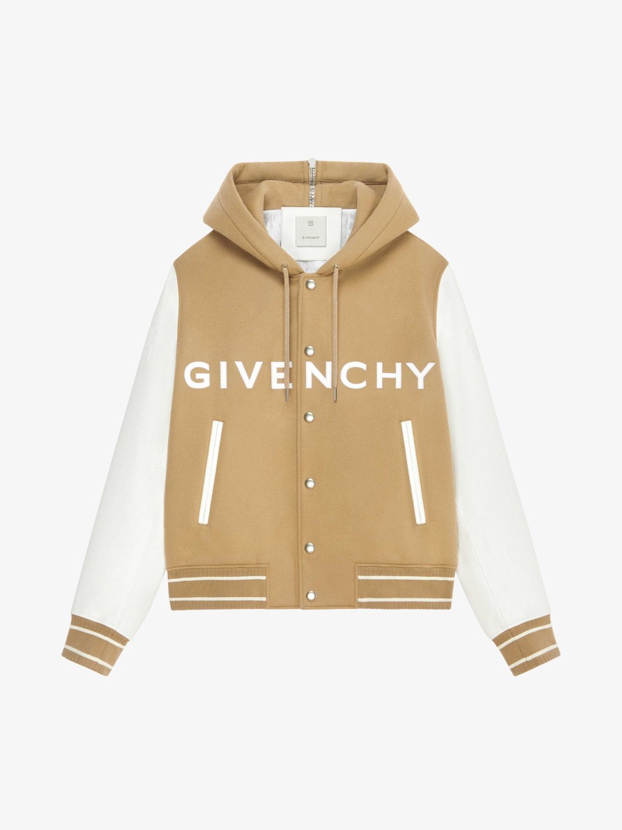 Men Givenchy Outerwear & Blousons | Givenchy Hooded Varsity Jacket In Wool And Leather White/Beige