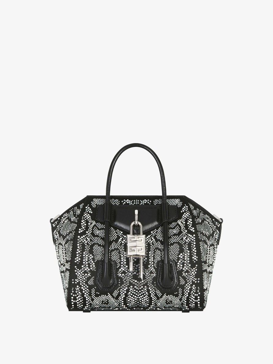 Women Givenchy Antigona | Mini Antigona Lock Bag In Satin With Python Effect Strass Black