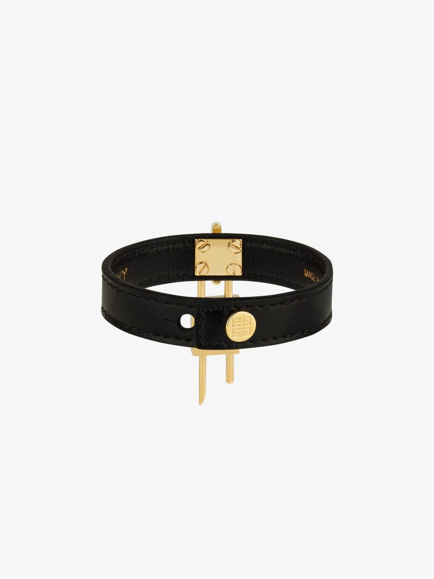 Women Givenchy Jewelry | Mini Lock Bracelet In Metal And Leather Black/Golden