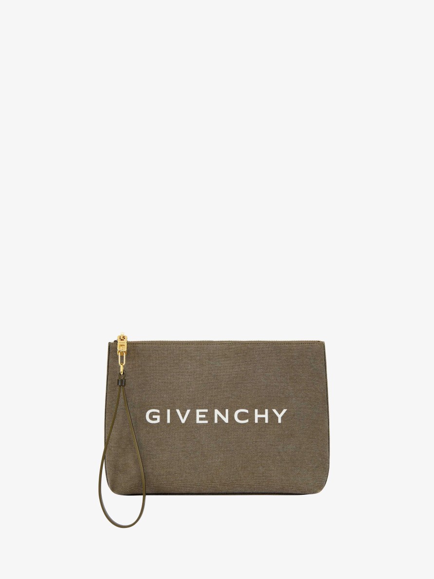 Women Givenchy Small Leather Goods | Large Pouch In Washed Canvas Dark Khaki