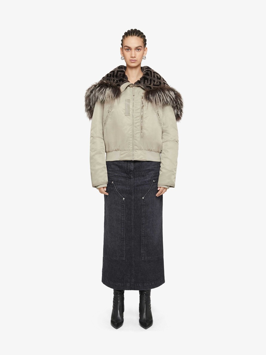 Women Givenchy Outerwear & Blousons | Cropped Bomber Jacket With 4G Fur Hood Mastic