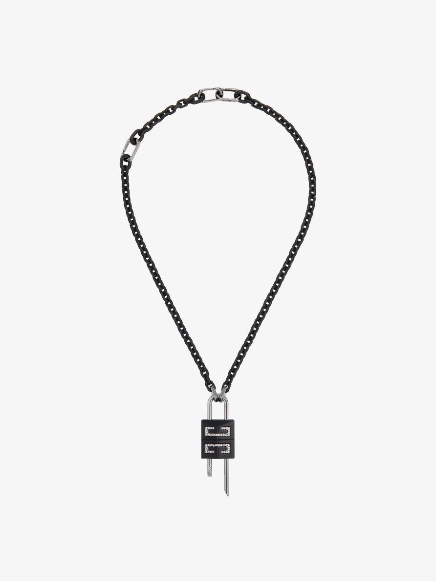 Men Givenchy Jewelry | Small Lock Necklace In Metal With Crystals Black/Silvery