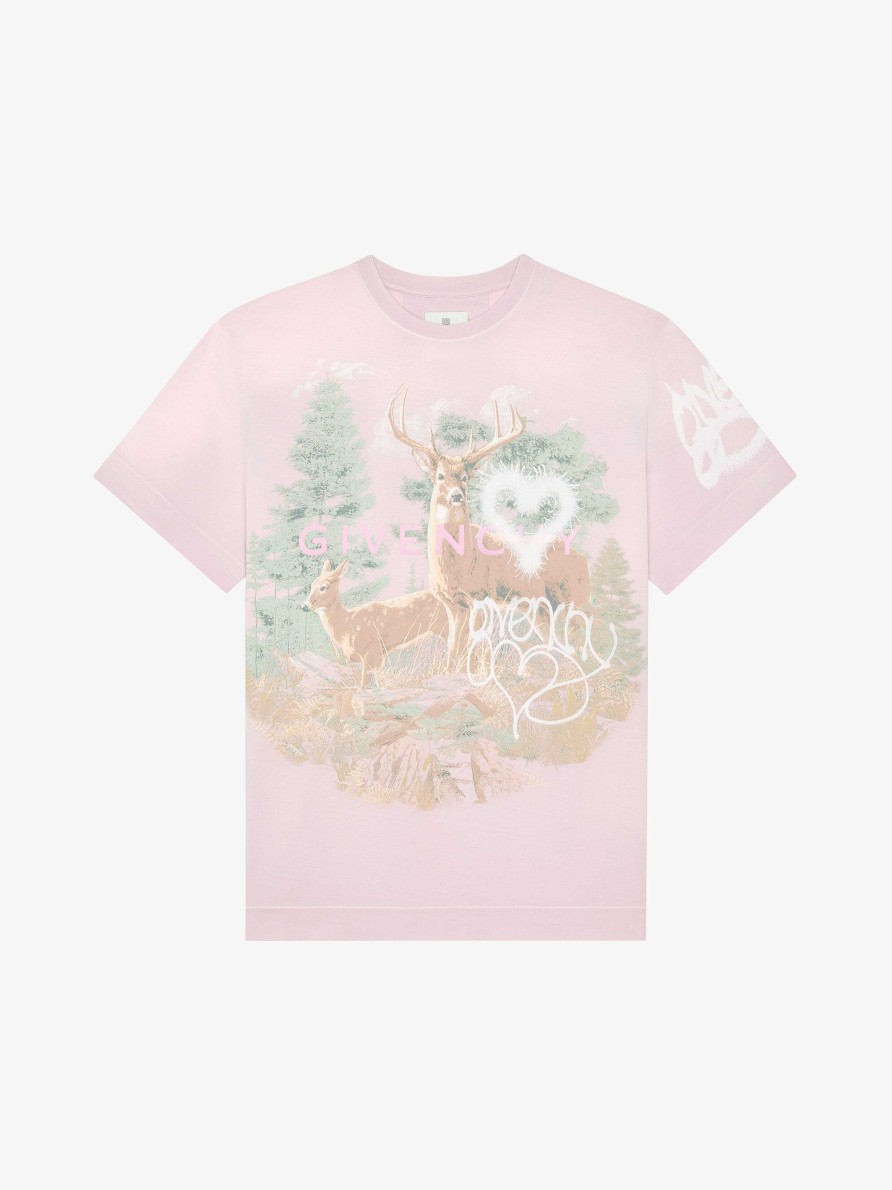 Women Givenchy T-Shirts | Loose Fit T-Shirt In Cotton With Givenchy Forest Print Light Pink