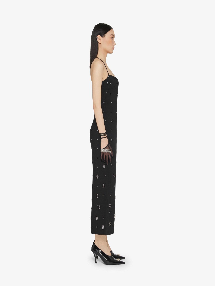 Women Givenchy Dresses | Dress With Plunging Neckline With 4G Rhinestones And Pearls Black