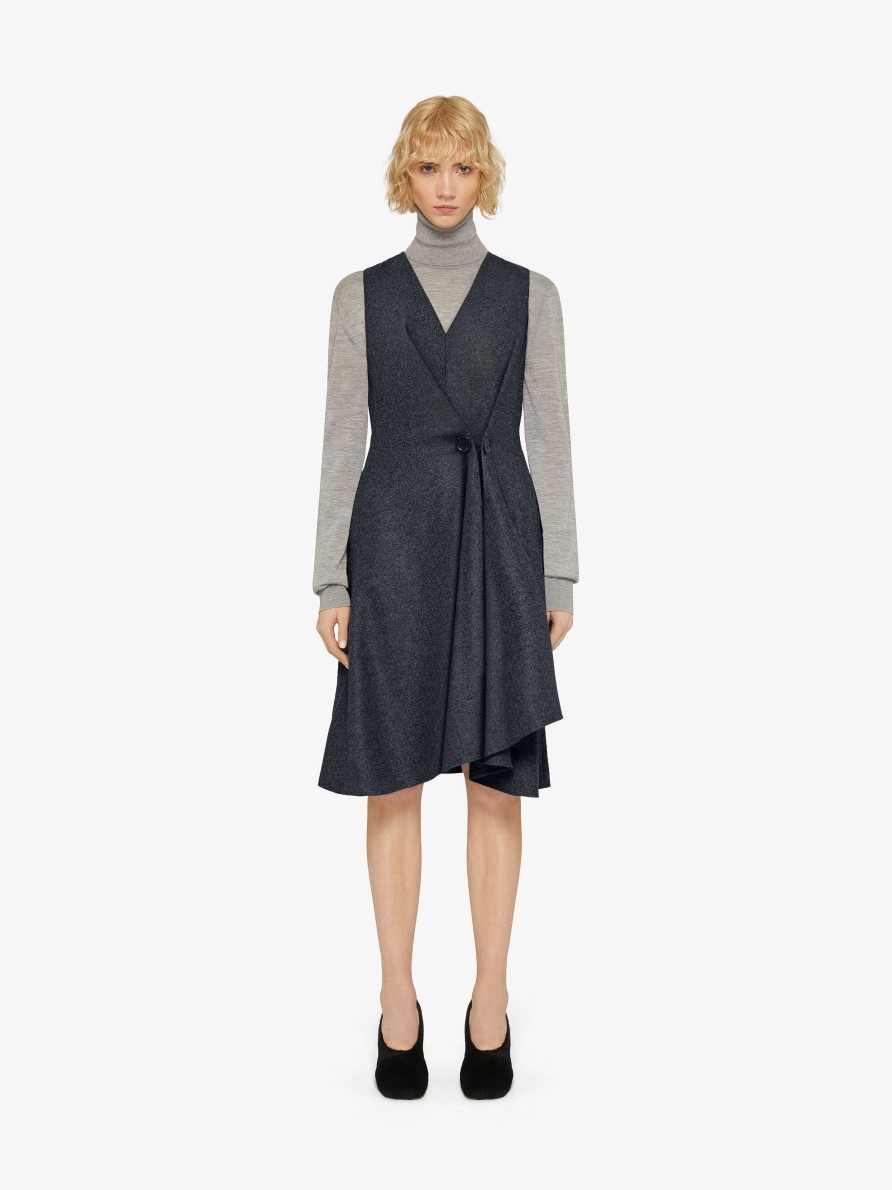 Women Givenchy Dresses | Dress With Buttons And Pleated Effect In Wool Grey