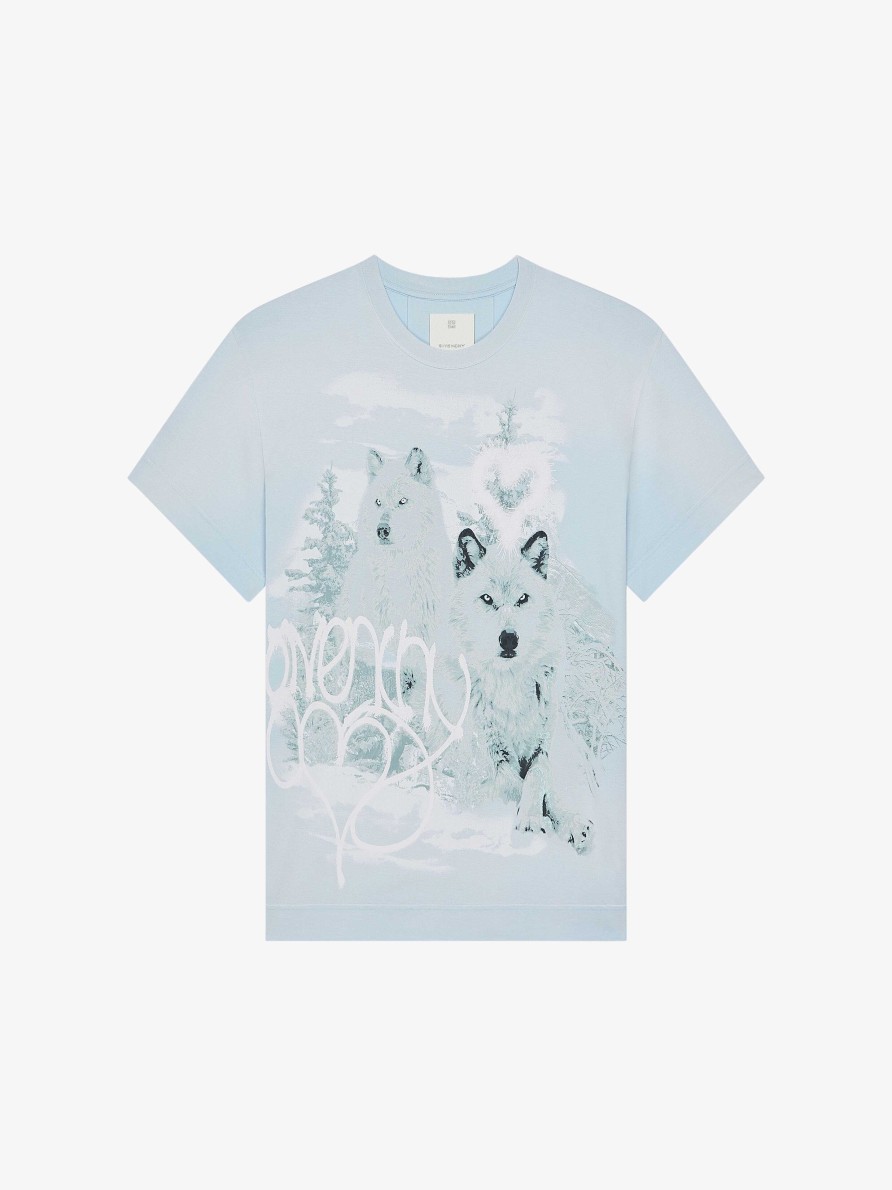 Women Givenchy T-Shirts | T-Shirt In Cotton With Givenchy Wolf Print Light Blue