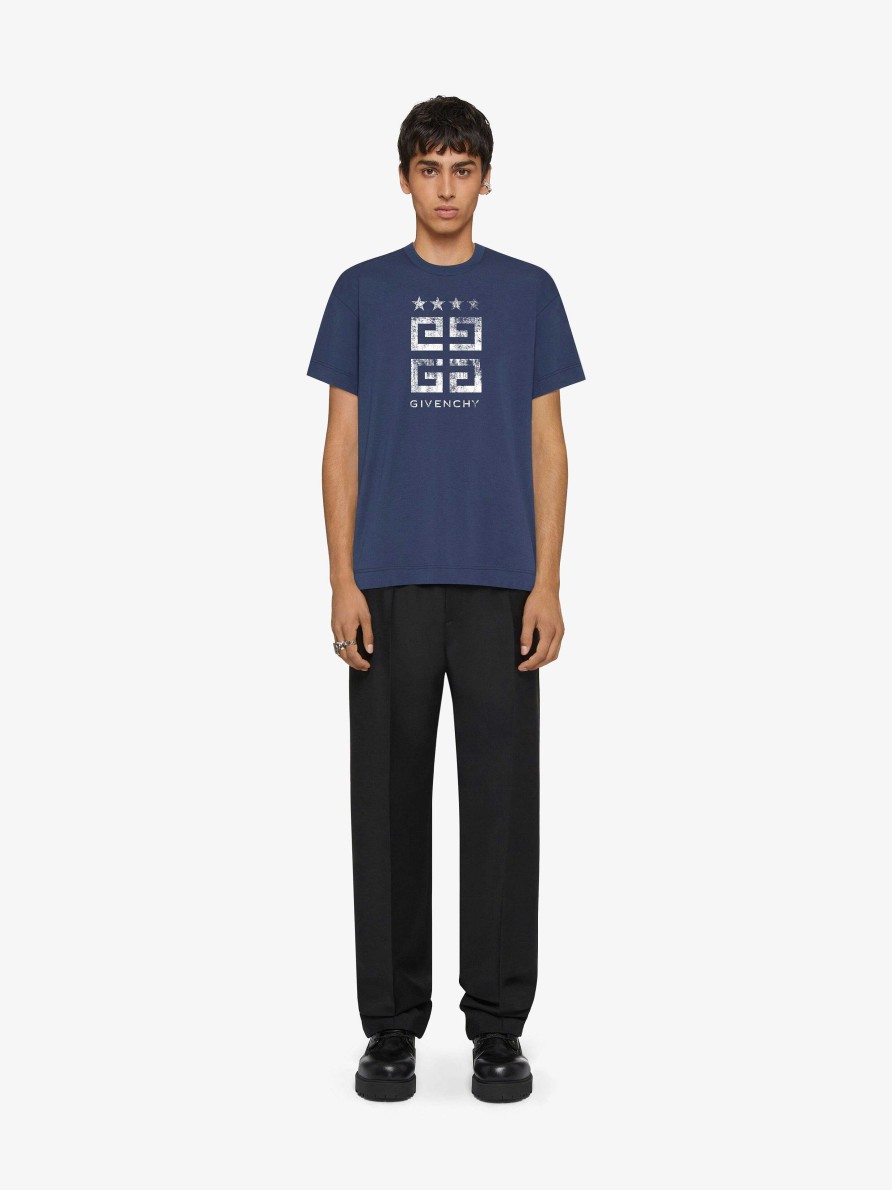 Men Givenchy T-Shirts | 4G Stars Slim Fit T-Shirt In Cotton Deep Blue