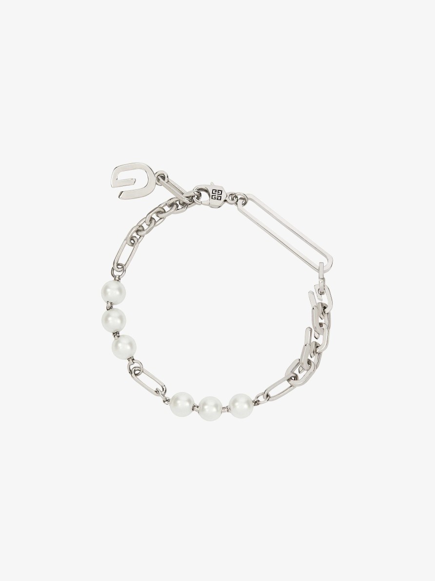 Women Givenchy Jewelry | G Link Bracelet In Metal With Pearls White/Silvery