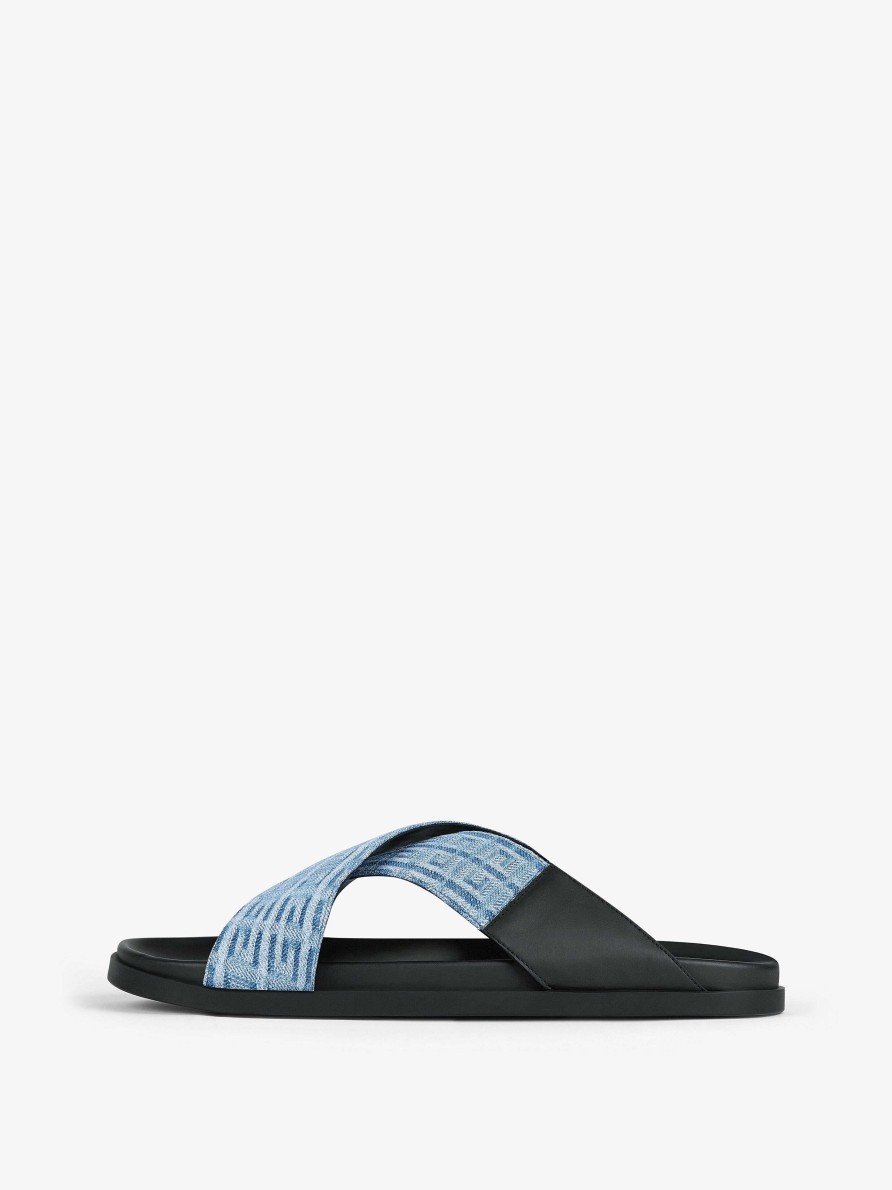 Men Givenchy Slides & Sandals | G Plage Flat Sandals With Crossed Straps In 4G Denim Light Blue