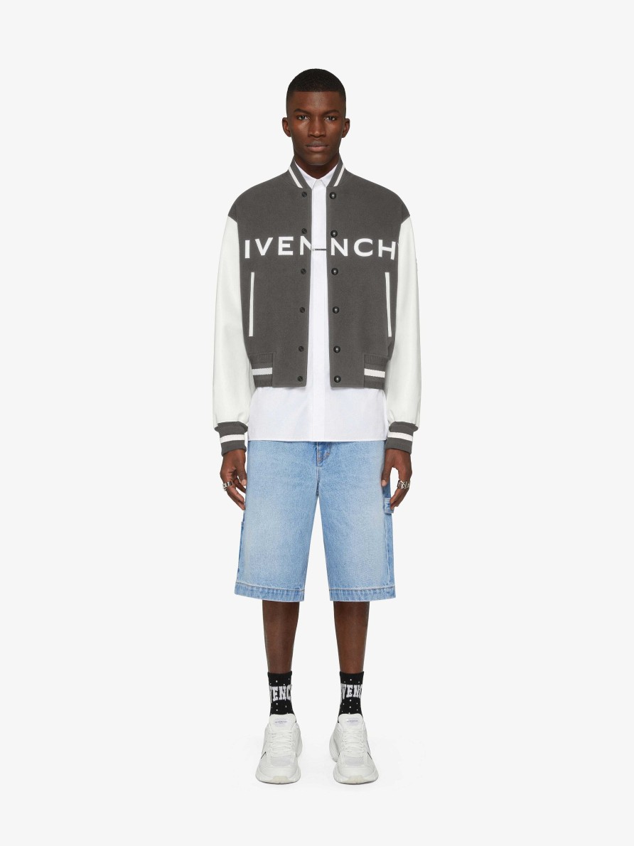 Men Givenchy Outerwear & Blousons | Givenchy Varsity Jacket In Wool And Leather Greyish Green