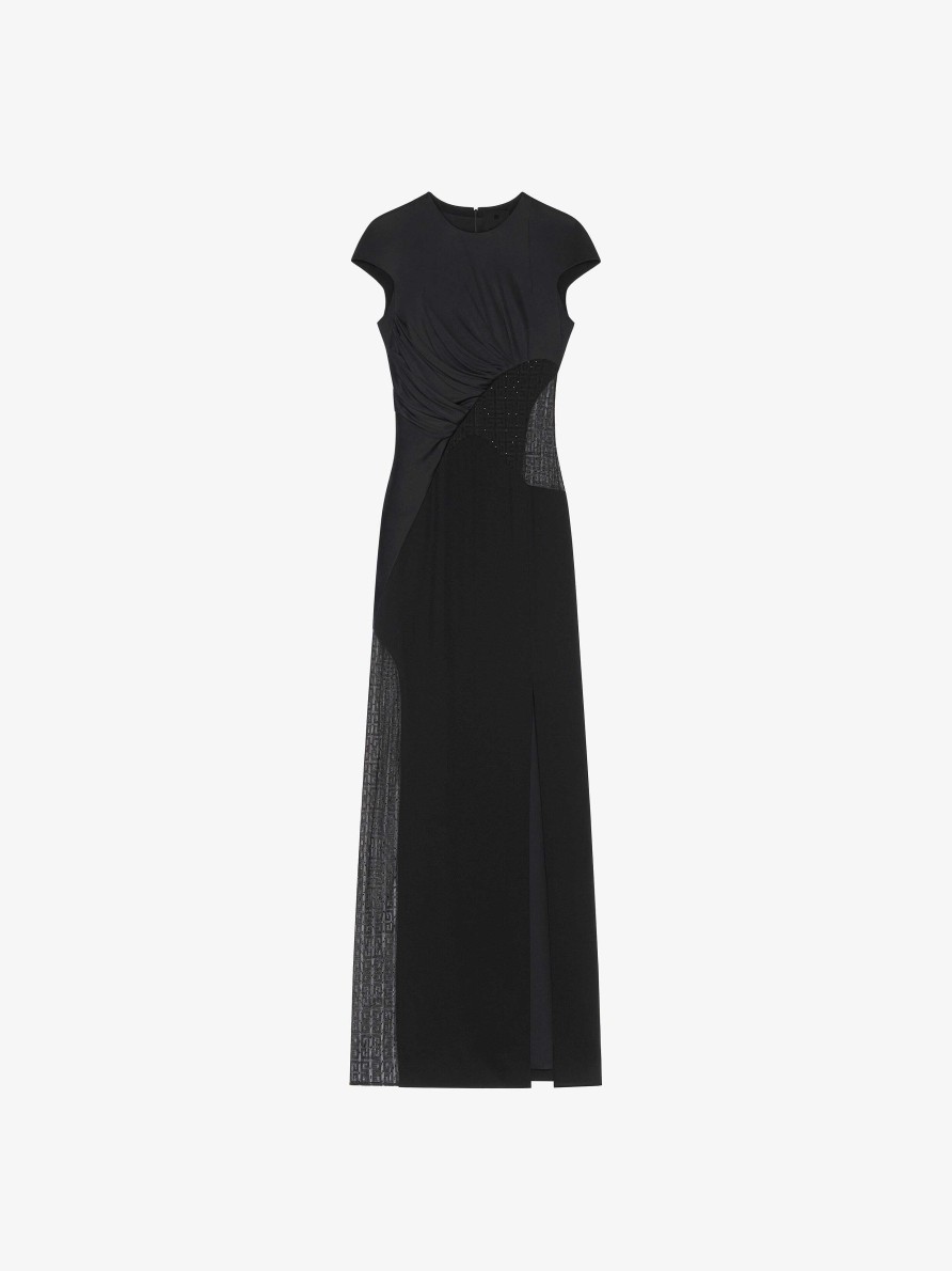 Women Givenchy Dresses | Evening Satin Dress And 4G Lace With Rhinestones Black