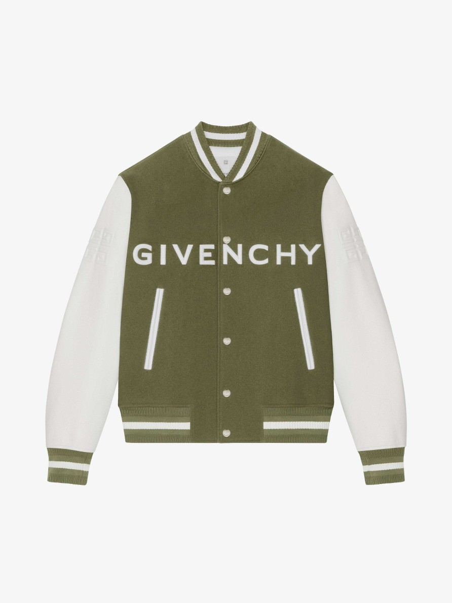 Men Givenchy Outerwear & Blousons | Givenchy Varsity Jacket In Wool And Leather Khaki