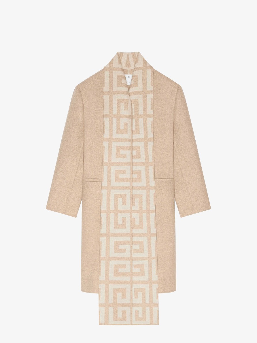 Women Givenchy Jackets & Coats | Coat In Double Face 4G Wool With Scarf Hazel/Beige