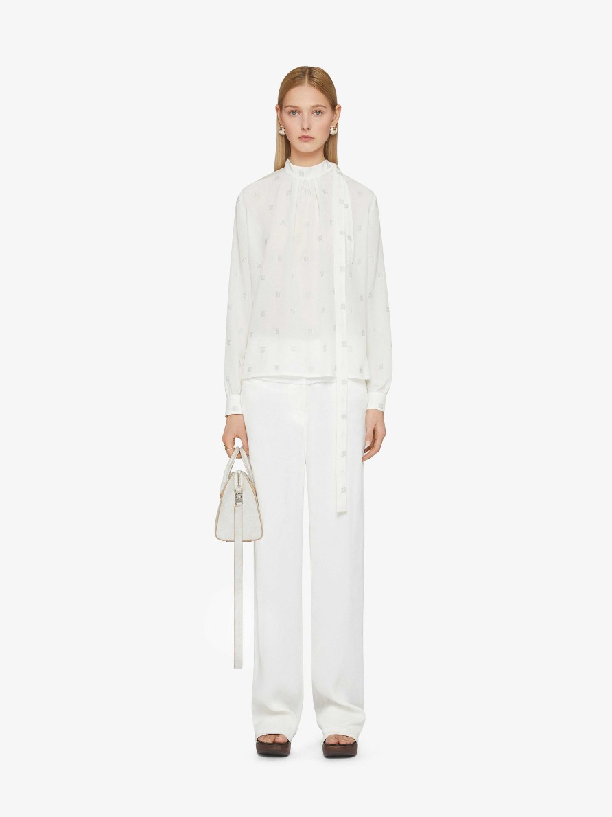 Women Givenchy Tops & Shirts | Blouse In 4G Silk With Lavalliere White/Silvery