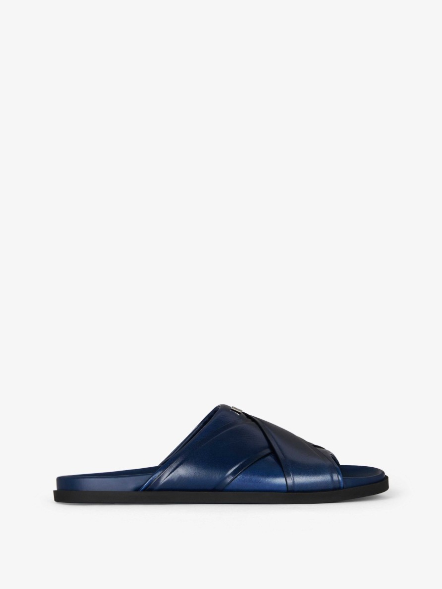 Men Givenchy Slides & Sandals | G Plage Flat Sandals In Leather Medium Blue