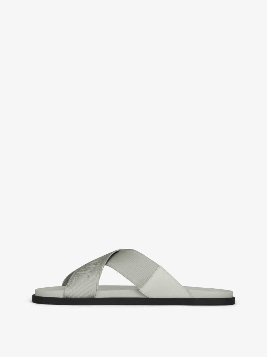 Men Givenchy Slides & Sandals | G Plage Sandals With Crossed Straps In Webbing Light Grey