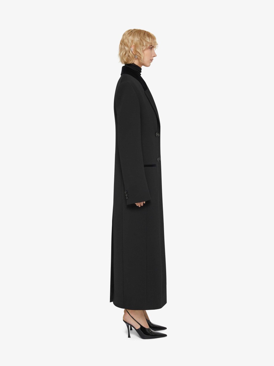 Women Givenchy Jackets & Coats | Double Breasted Coat In Tricotine Wool With Velvet Details Black