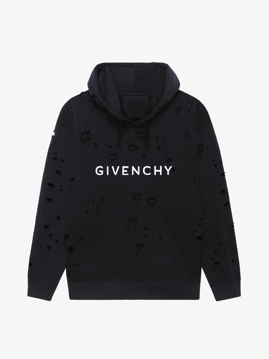 Men Givenchy Sweatshirts & Hoodies | Givenchy Hoodie In Fleece With Destroyed Effect Faded Black