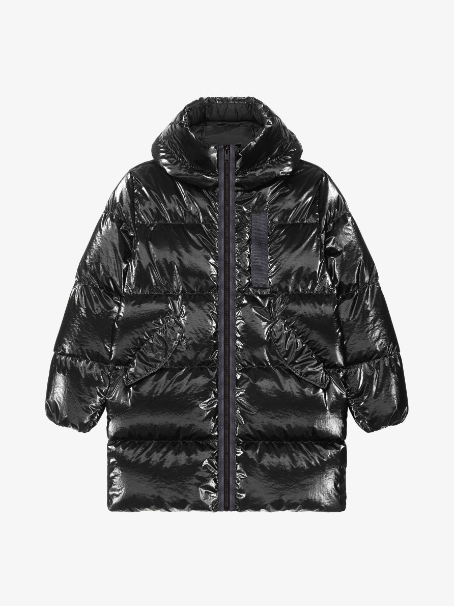 Men Givenchy Outerwear & Blousons | Long Laminated Hooded Puffer Black