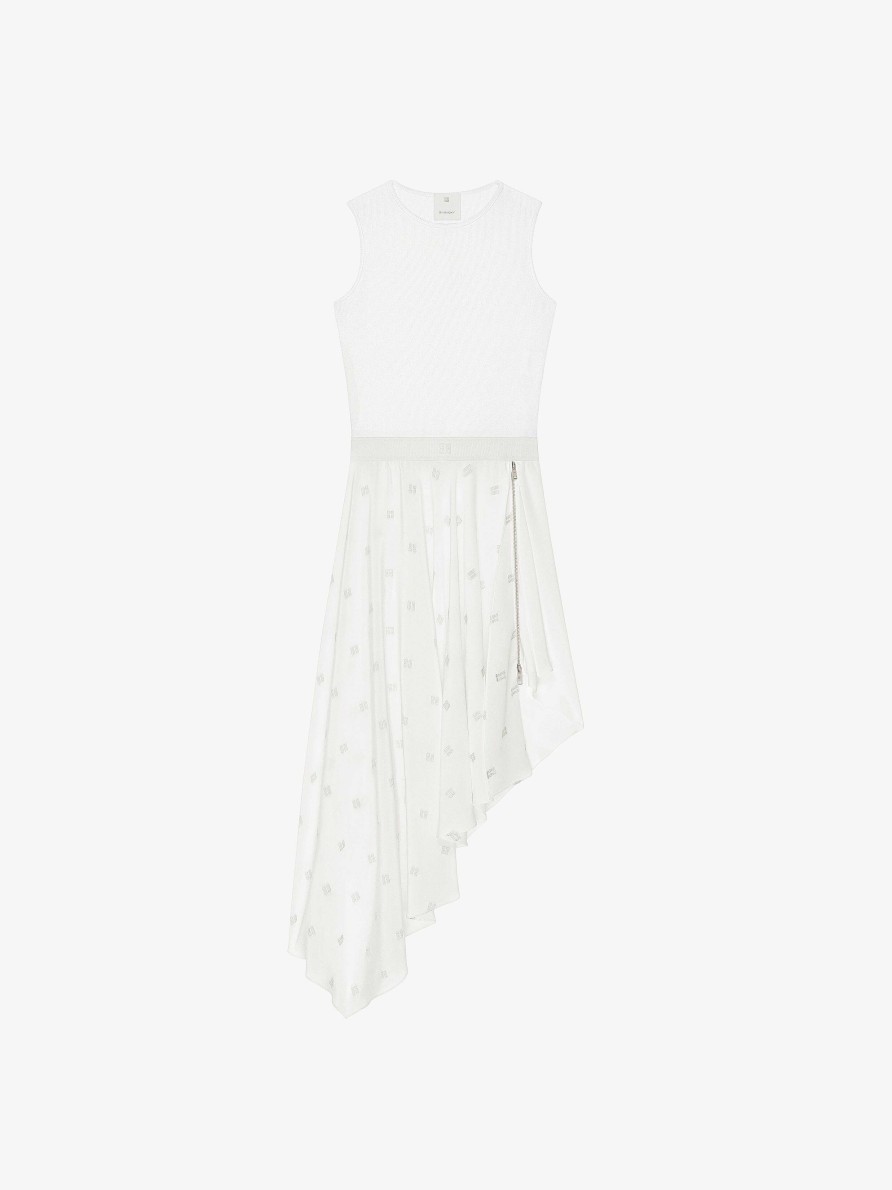 Women Givenchy Dresses | Dress In 4G Silk With Asymmetrical Ruffled Skirt White/Silvery