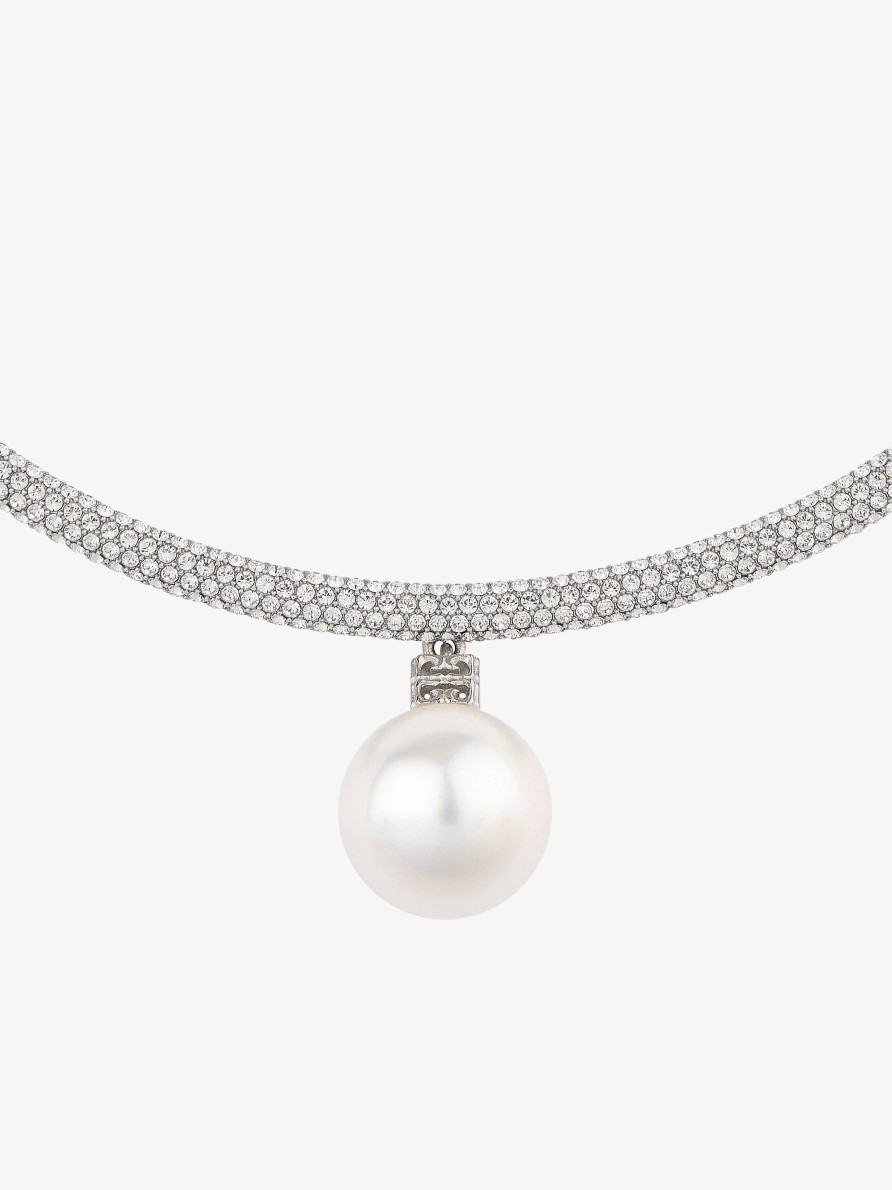 Women Givenchy Jewelry | Pearl Torque Necklace In Metal With Pearl And Crystals White/Silvery