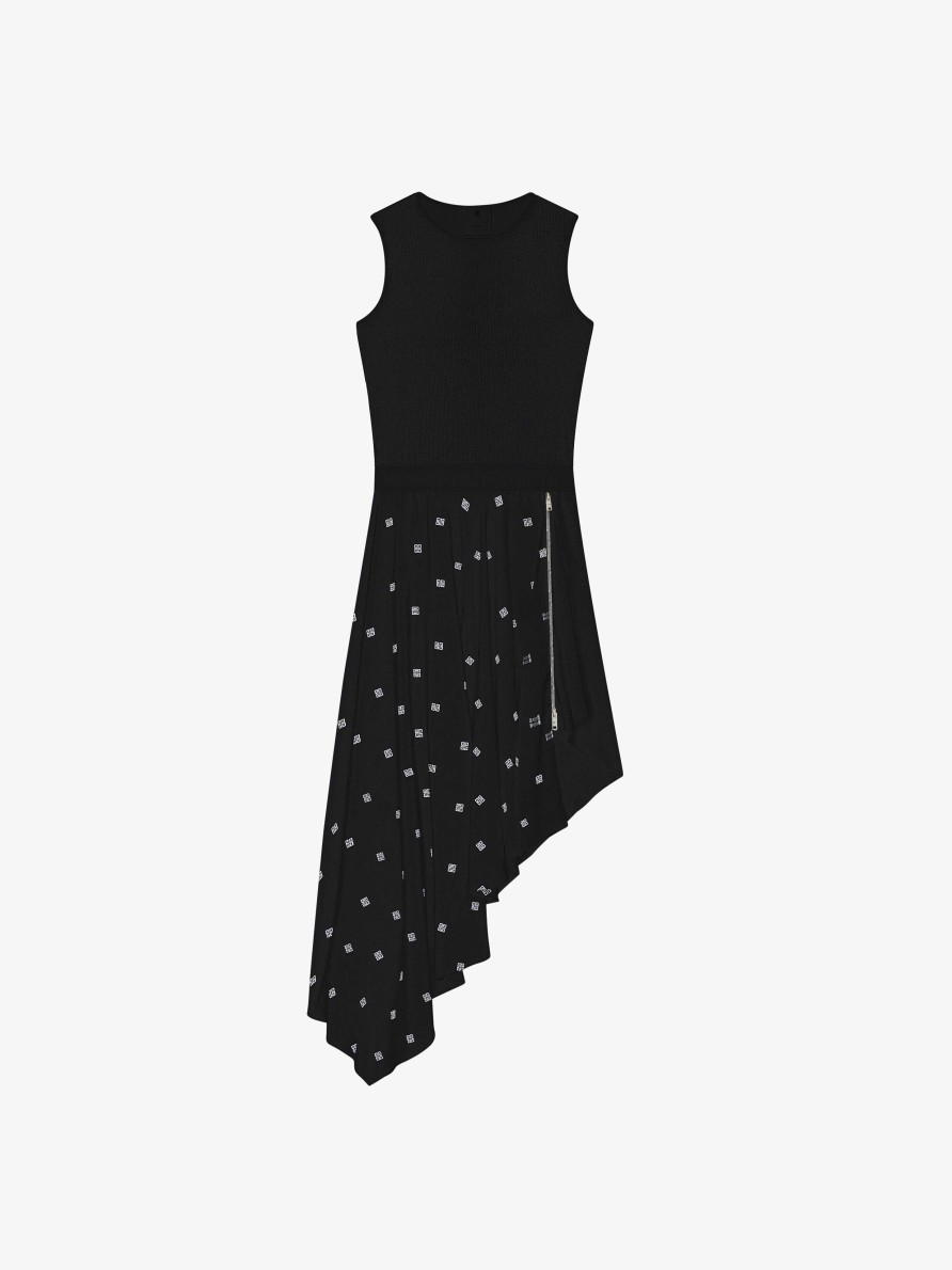 Women Givenchy Dresses | Dress In 4G Silk With Asymmetrical Ruffled Skirt Black