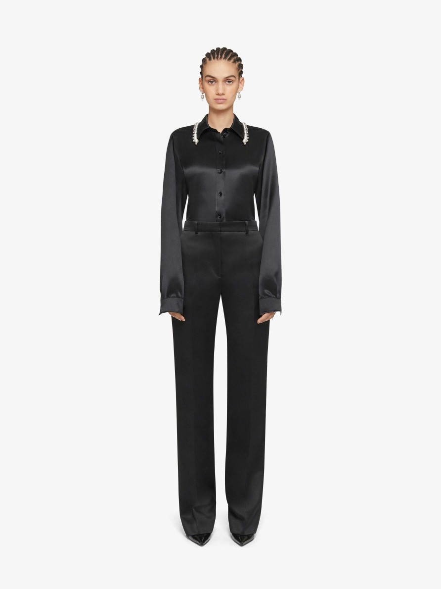 Women Givenchy Tops & Shirts | Shirt In Satin Silk With Embroidered Pearls Black