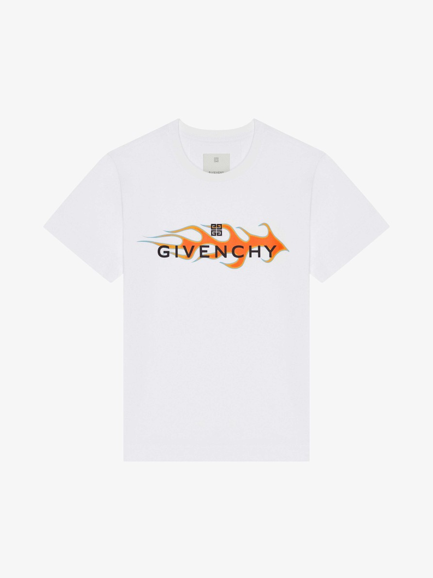 Men Givenchy T-Shirts | Slim Fit T-Shirt In Cotton With Givenchy Flames Print White