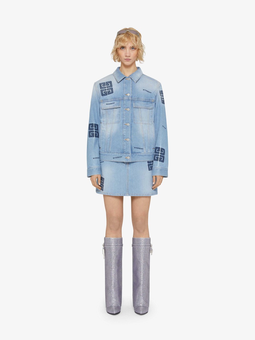 Women Givenchy Jackets & Coats | Oversized Jacket In 4G Embroidered Denim Light Blue