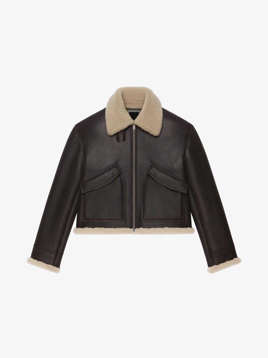 Men Givenchy Outerwear & Blousons | Aviator Jacket In Leather And Shearling Dark Brown