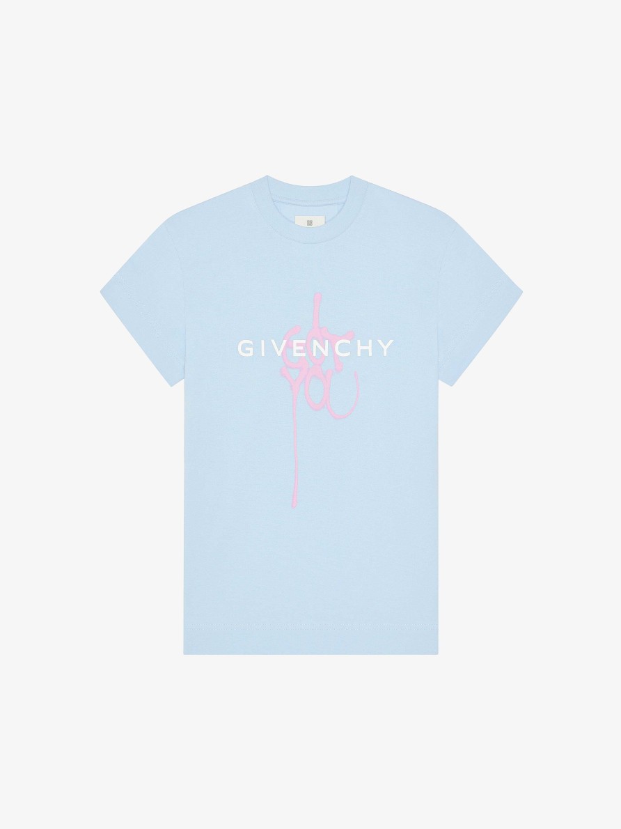 Women Givenchy T-Shirts | Slim Fit T-Shirt In Cotton With Givenchy Print Light Blue