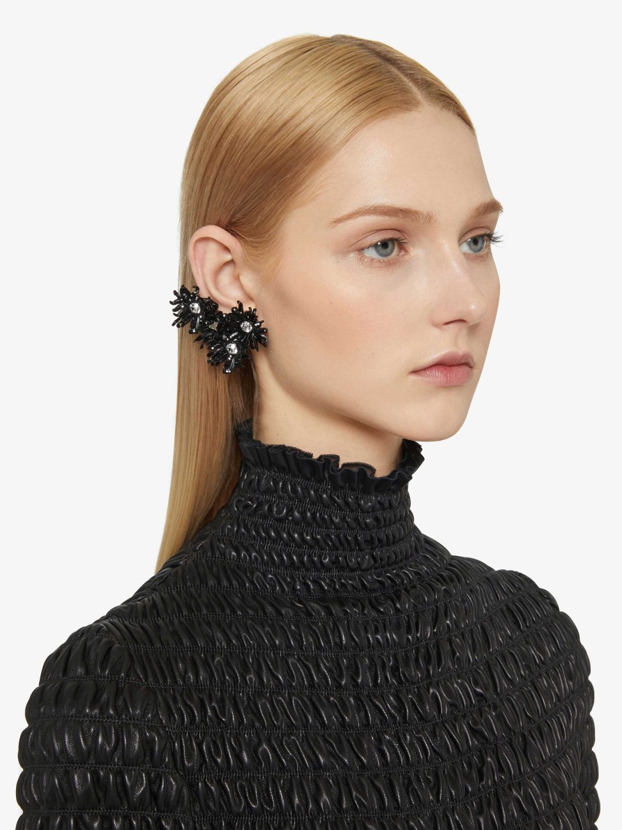 Women Givenchy Jewelry | Daisy Clip Earring In Metal And Enamel With Crystals Black