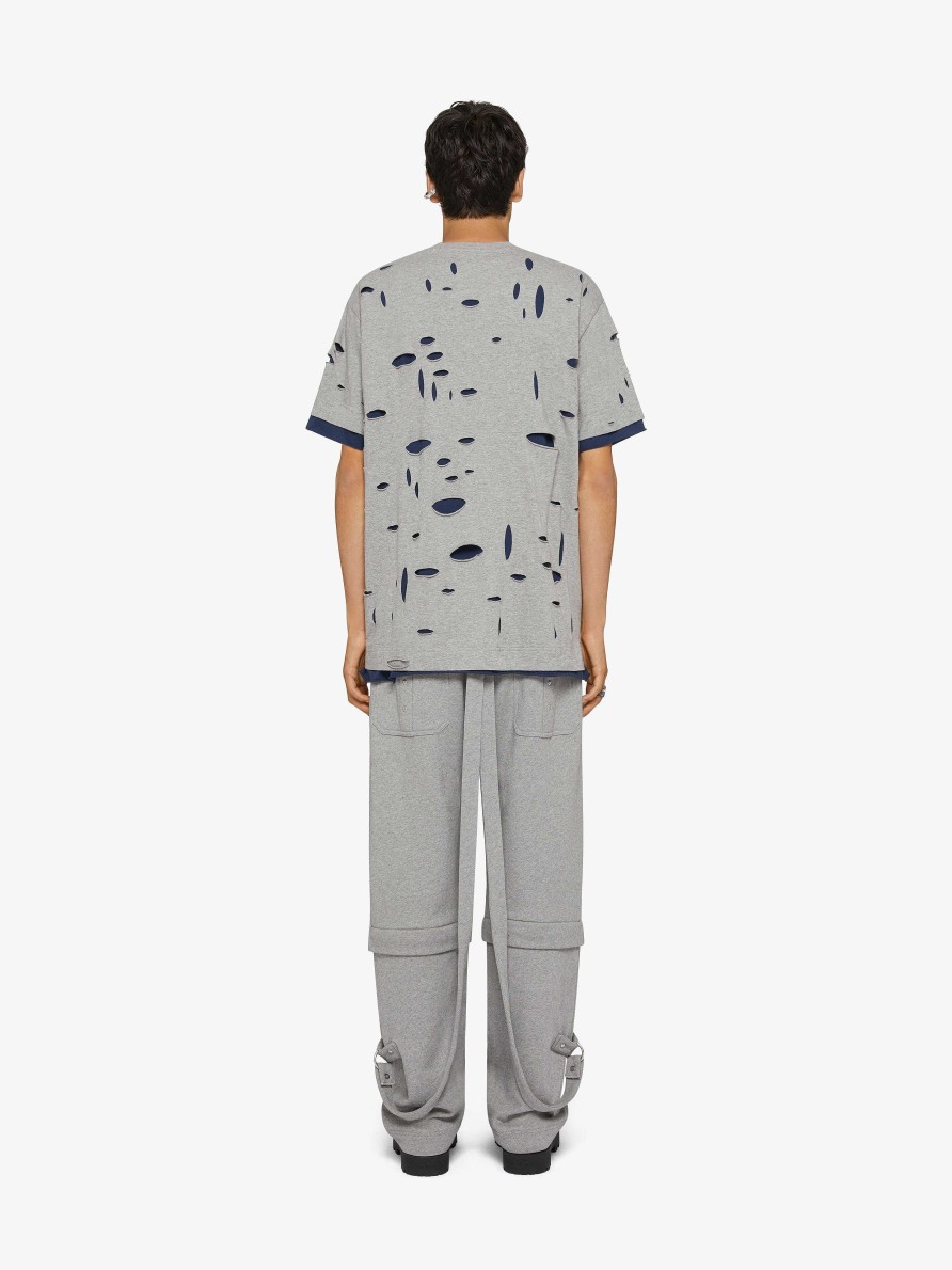 Men Givenchy T-Shirts | Givenchy Oversized T-Shirt In Destroyed Cotton Grey/Blue