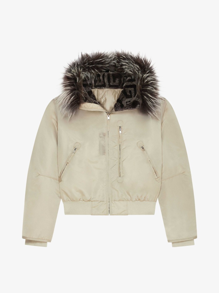 Women Givenchy Outerwear & Blousons | Cropped Bomber Jacket With 4G Fur Hood Mastic