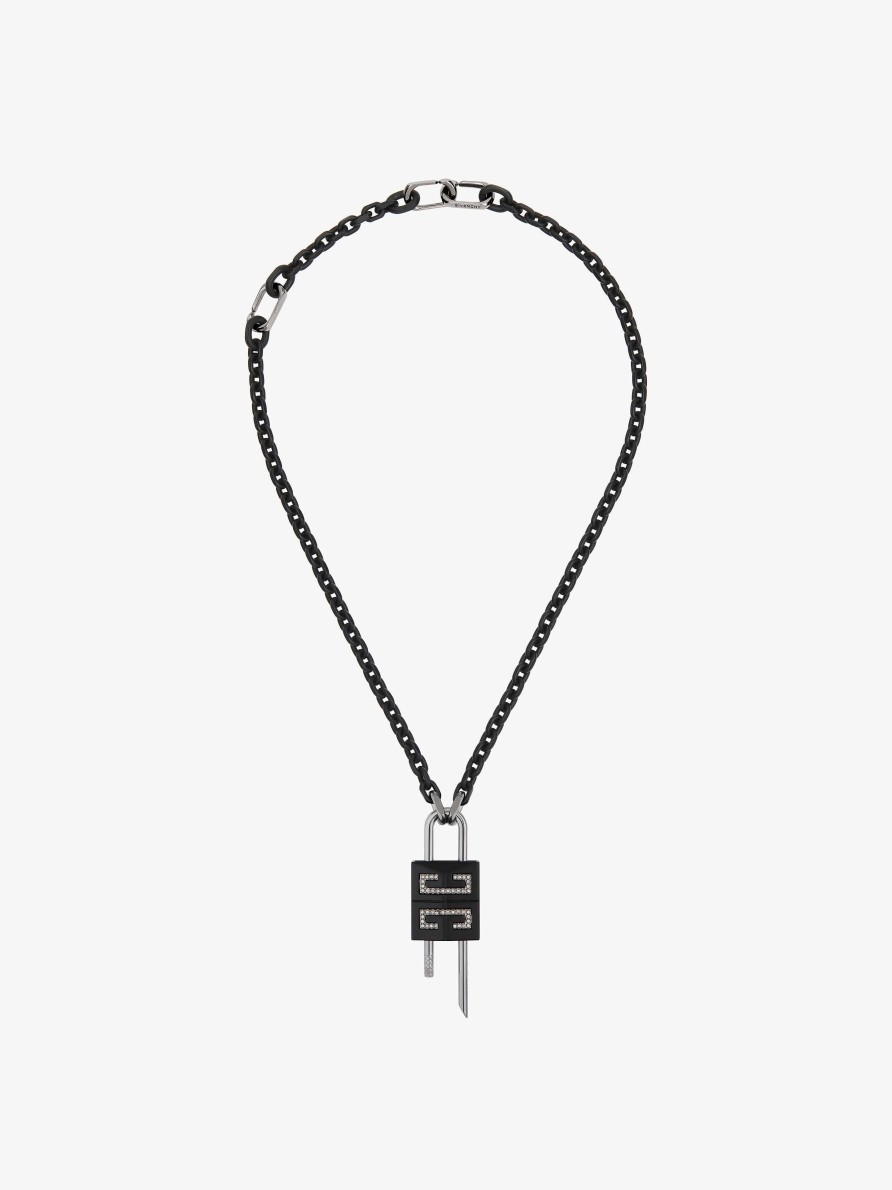 Men Givenchy Jewelry | Small Lock Necklace In Metal With Crystals Black/Silvery