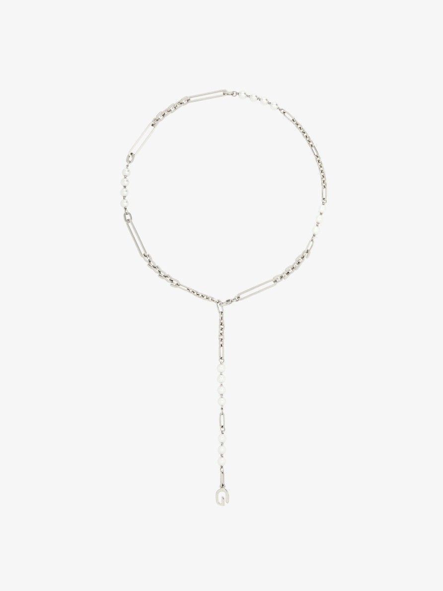 Women Givenchy Jewelry | G Link Necklace In Metal With Pearls White/Silvery