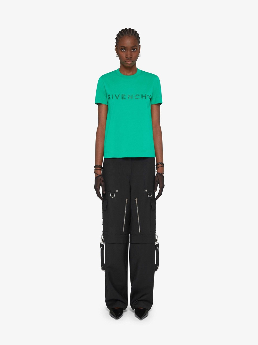 Women Givenchy T-Shirts | Slim Fit T-Shirt In Cotton With Givenchy Rhinestones Absynthe Green