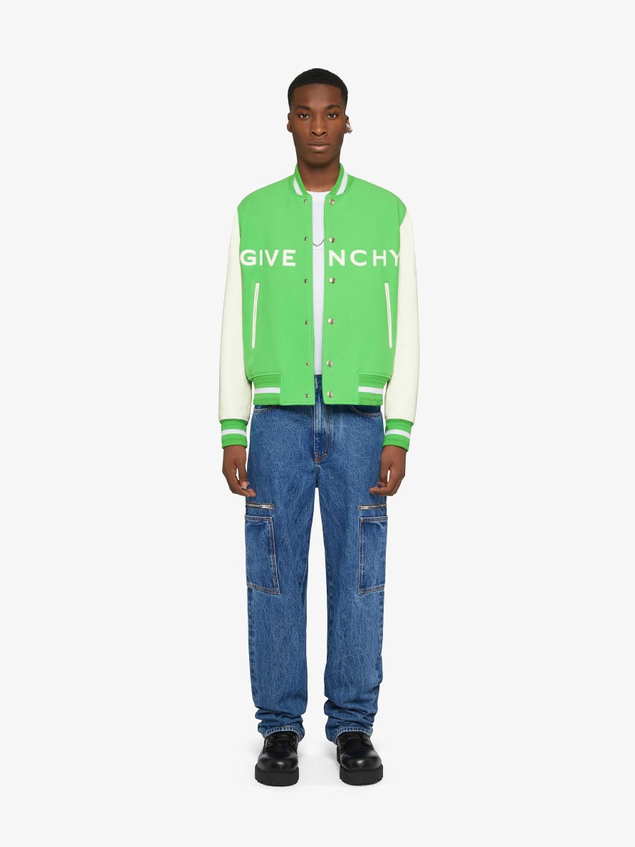 Men Givenchy Outerwear & Blousons | Givenchy Varsity Jacket In Wool And Leather Bright Green