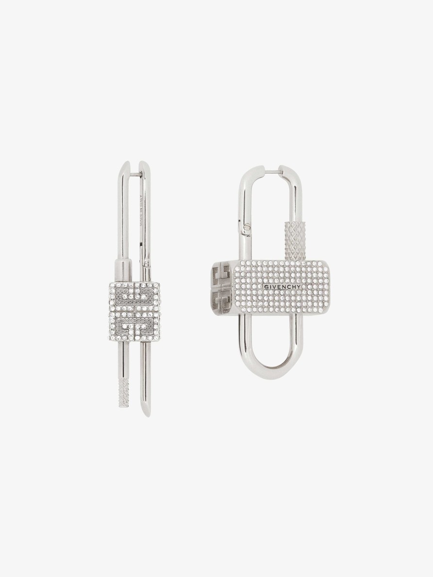 Men Givenchy Jewelry | Lock Asymmetrical Earrings With Crystals Silvery