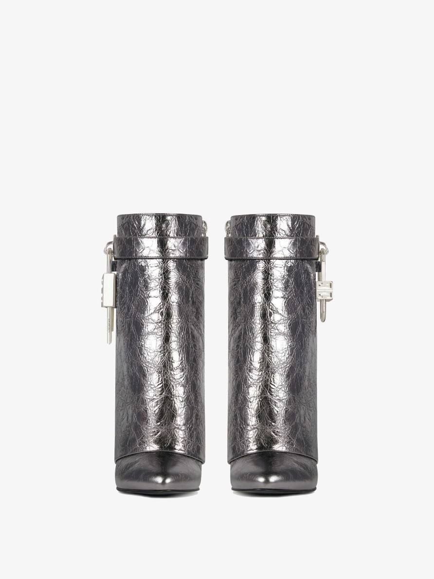 Women Givenchy Boots & Booties | Shark Lock Ankle Boots In Laminated Leather Silvery Grey