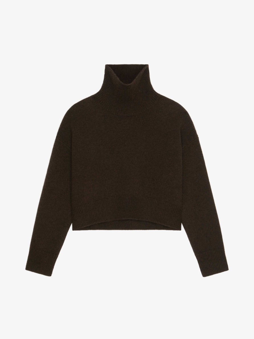 Women Givenchy Knitwear | Cropped Turtleneck Sweater In Cashmere Dark Brown