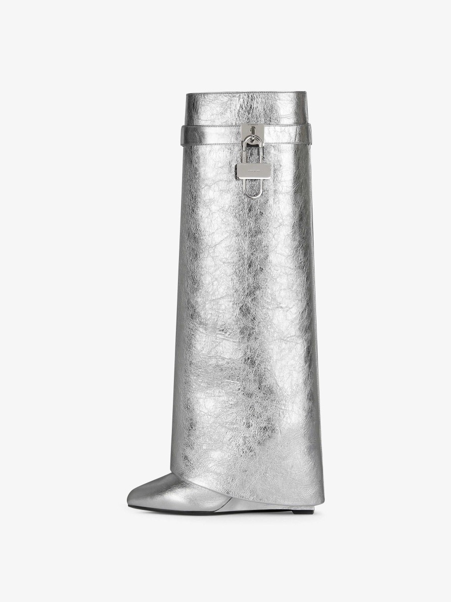 Women Givenchy Boots & Booties | Shark Lock Boots In Metallized Leather Silvery