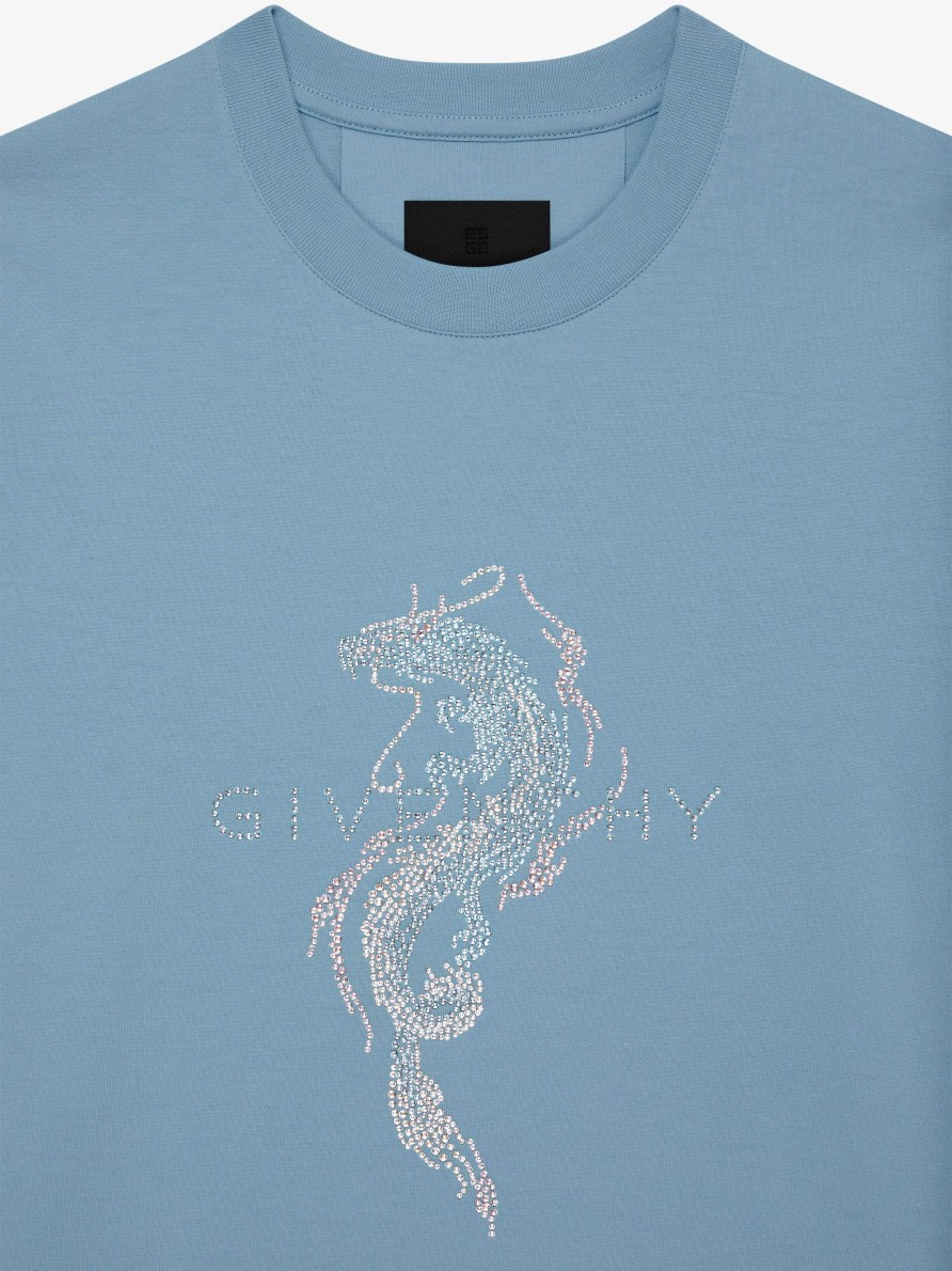 Women Givenchy T-Shirts | Slim Fit T-Shirt In Cotton And Givenchy Dragon Strass Sky Blue