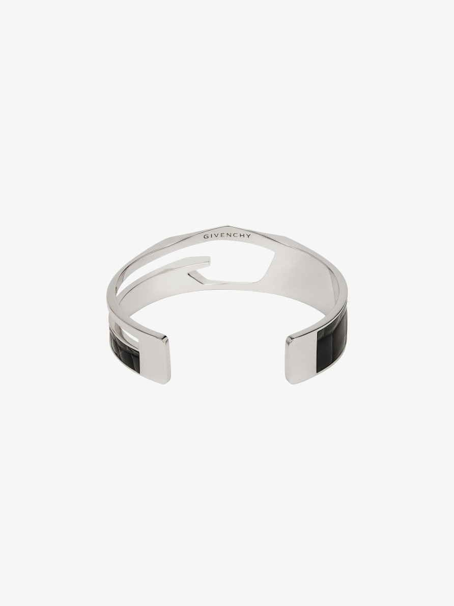 Men Givenchy Jewelry | Giv Cut Bracelet In Metal And Leather Black/Silvery