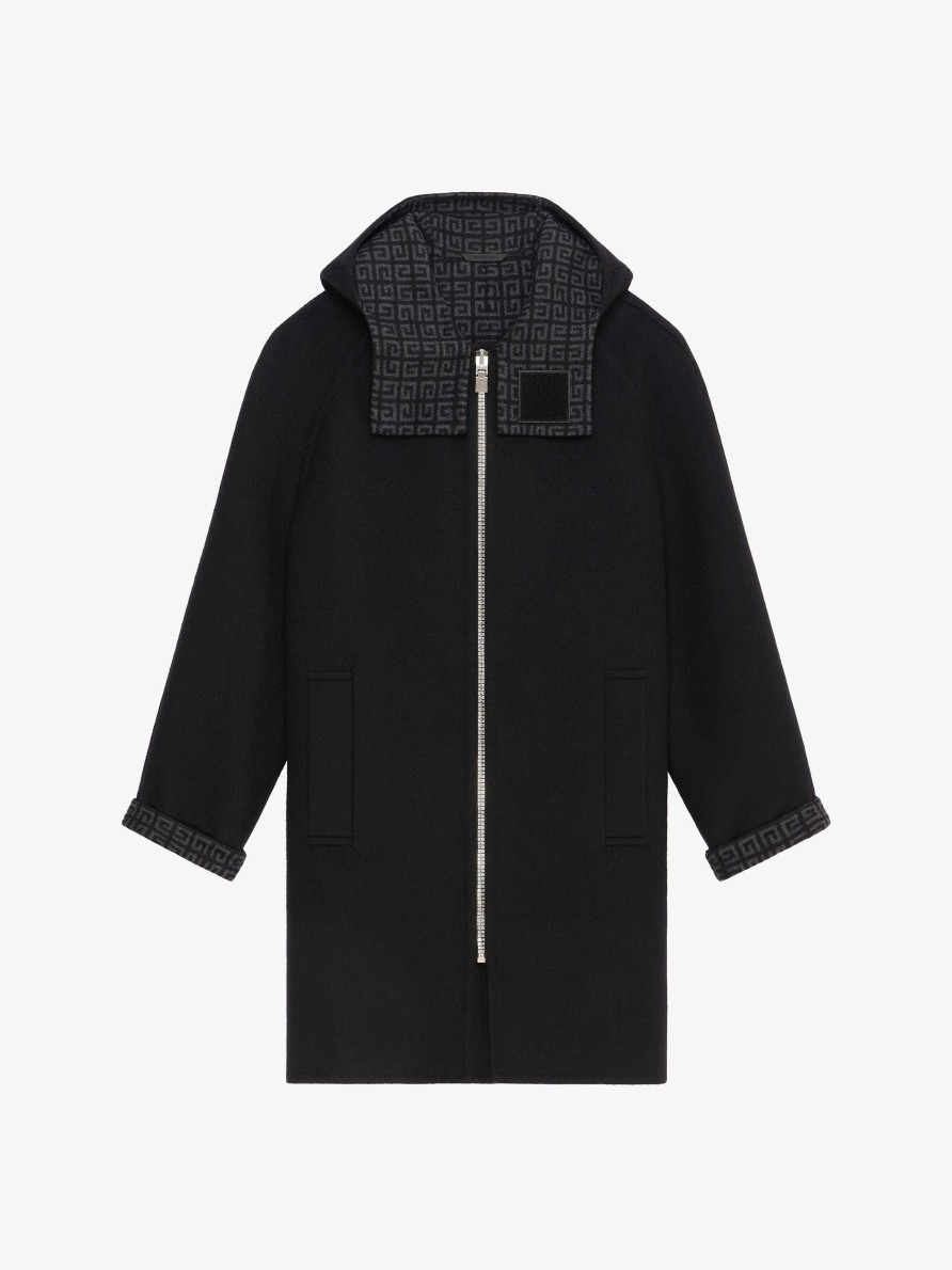 Men Givenchy Jackets & Coats | Coat With Hood In Wool, Cashmere And Silk Black/Grey