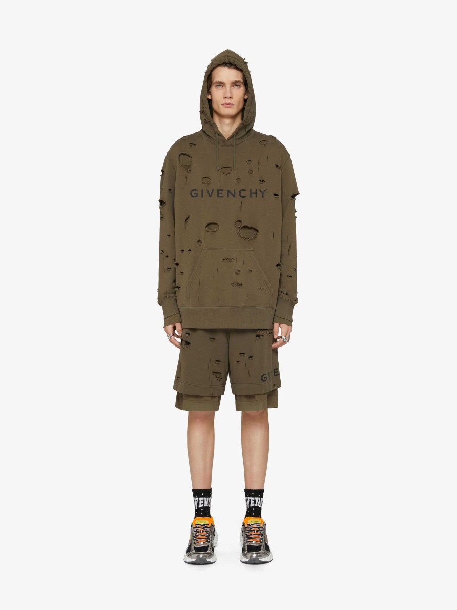 Men Givenchy Sweatshirts & Hoodies | Givenchy Hoodie In Felpa With Destroyed Effect Khaki