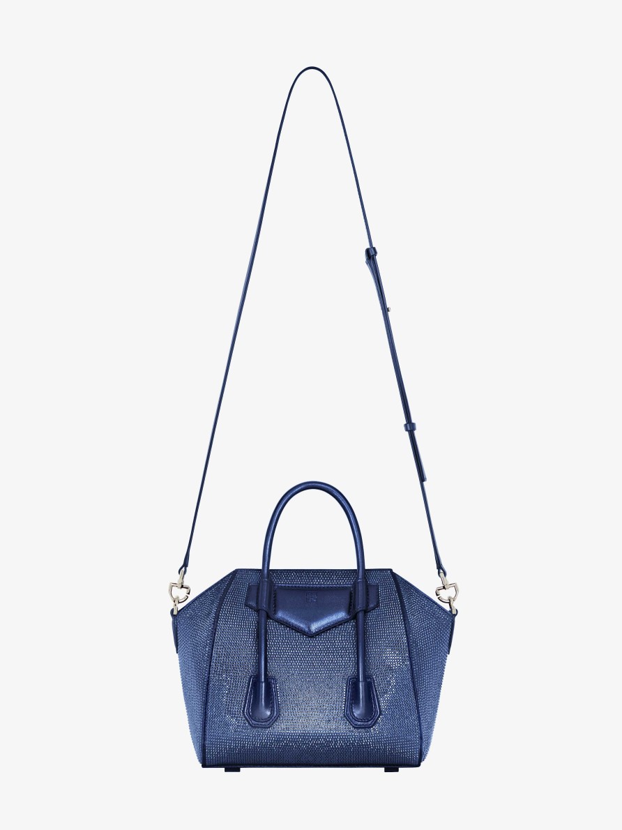 Women Givenchy Antigona | Mini Antigona Lock Bag In Satin With Strass Petrol Blue